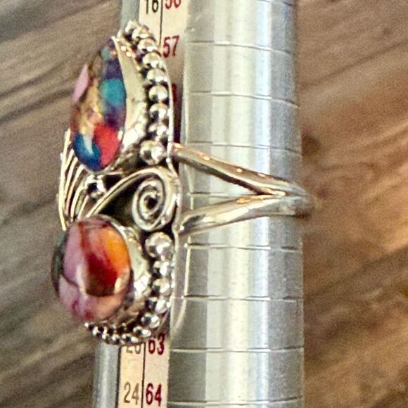 Unique Pink Dahlia Copper Turquoise Statement Ring Southwestern Double Stone 9 - Picture 4 of 6